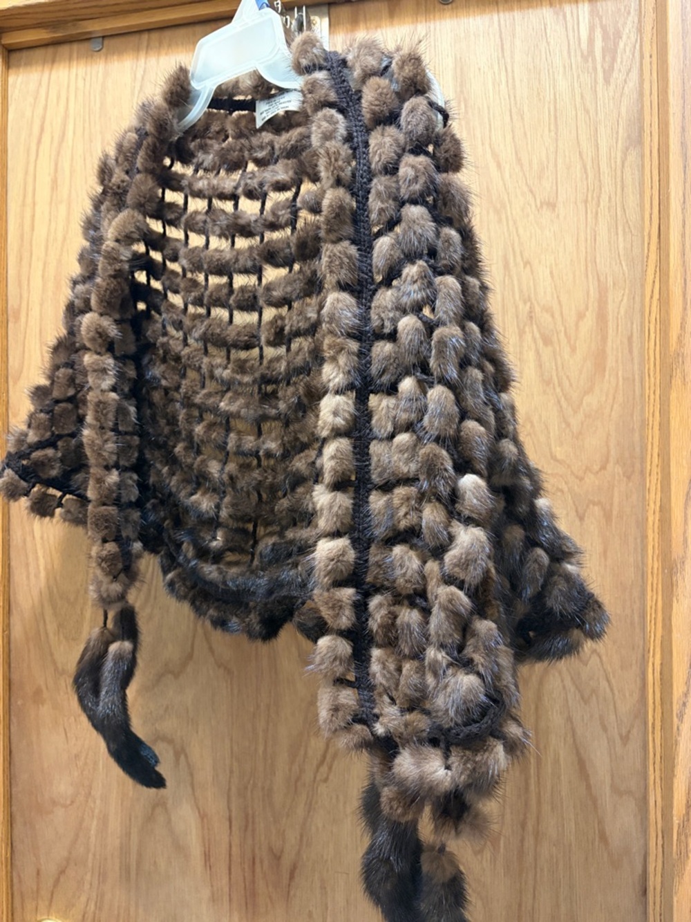 Preston & York Plush Mink-Fur Crochet Shawl in Warm Brown